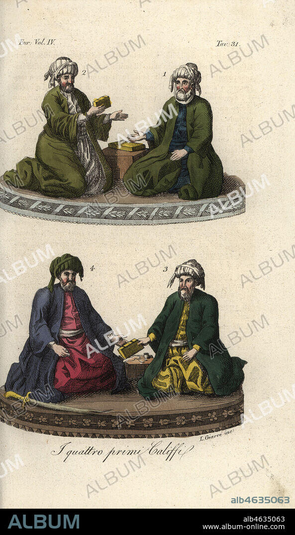 The first four Caliphs, heirs of Prophet Muhammad, in chronological order: Abu Bakr as-Siddiq (top right), Umar ibn al-Khattab (top left), Uthman ibn Affan (bottom right), Ali ibn Abi Talib (bottom left). I quattro primi Califfi. Handcoloured copperplate engraving by L. Giarre from Giulio Ferrarios Costumes Ancient and Modern of the Peoples of the World, Il Costume Antico e Modern o Story, Florence, 1842. Copied from Ignace Mouradgea dOhssons Tableau General de lEmpire Othoman, Paris, 1790.