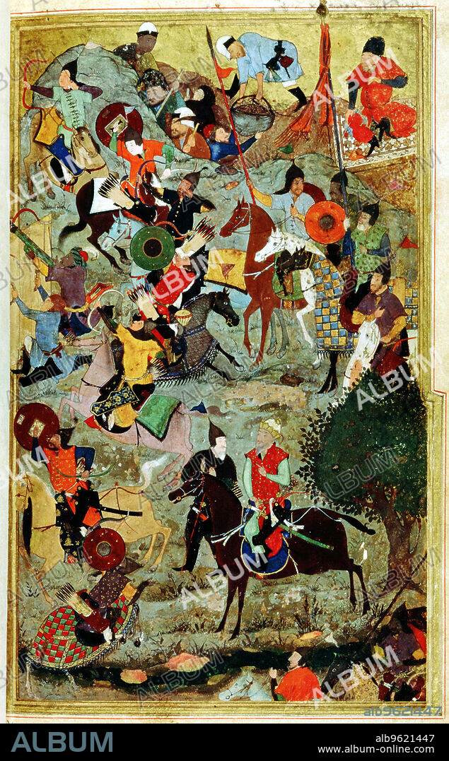 BIHZAD. Timur attacking the Knights of St John at Smyrna, 1402 (1467). Timur Lenk (1336-1404), or Tamerlane, meaning Timur the Lame, was an Islamic Turkic conqueror who set out to re-establish the great Asian empire of Genghis Khan and the Mongols. His conquests were notable for the large-scale and brutal massacres of captured cities. Smyrna (modern Izmir) was one which suffered such a fate when stormed by Timur's army in 1402. From the Walters Art Gallery, Baltimore, Maryland.