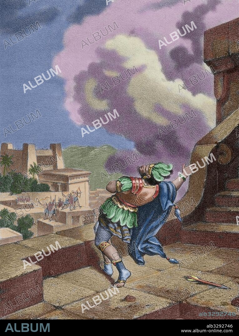 Moctezuma II (c. 1466-1520). Ninth tlatoani or ruler of Tenochtitlan. Reign, 1502 to 1520. Death of Moctezuma II. There are several versions of this fact given by several sources. As Bernal del Castillo says, the Spanish forced Moctezuma to appear on the balcony of his palace, appealing to his countrymen to retreat. The people were appalled by their emperor's complicity and pelted him with rocks and darts. He died a short time after that. This version is what is shown in this image. Engraving, 1875. Colored.