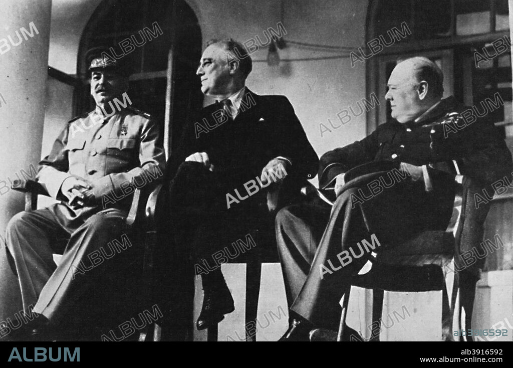 'The Big Three met at Teheran', 1943, (1945). The Tehran Conference (codenamed Eureka) was a strategy meeting of Joseph Stalin, Franklin D. Roosevelt, and Winston Churchill from 28th November to 1st December, 1943. From Winston Churchill: His Life in Pictures, by Ben Tucker. [Sagall Press, Ltd., London, 1945].