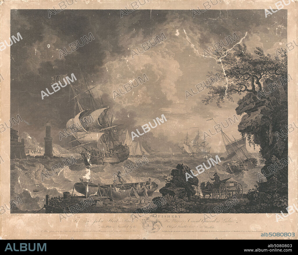 The Fishery, Print made by William Woollett, 17351785, British, after Richard Wright, ca. 1720ca. 1775, British, 1768, Engraving and etching on moderately thick, slightly textured, beige, laid paper, mounted on thick, smooth, cream, wove cardboard, Sheet: 18 1/4 × 22 11/16 inches (46.4 × 57.6 cm), Plate: 17 5/8 × 22 1/4 inches (44.8 × 56.5 cm), and Image: 15 1/2 × 21 inches (39.4 × 53.3 cm), allegory, carriage, clouds, coast, dark, fishermen, fishing, flags, galleon, lighthouse, luggers, marine art, meteorology, mountain, schooners, science, sea, seascape, ship of the line, ships, shore (landform), sloop (sailing vessel), storm, Union Jack, water.