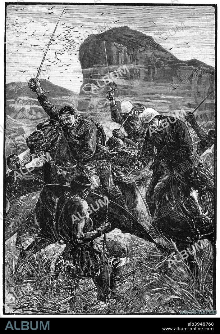The dash with the colours, Battle of Isandlwana, Anglo-Zulu War, South Africa, 22 January 1879, (1900). Illustration from The Life and Times of Queen Victoria, by Robert Wilson, Volume IV, (Cassell and Company, London, Paris, New York, Melbourne, 1900).