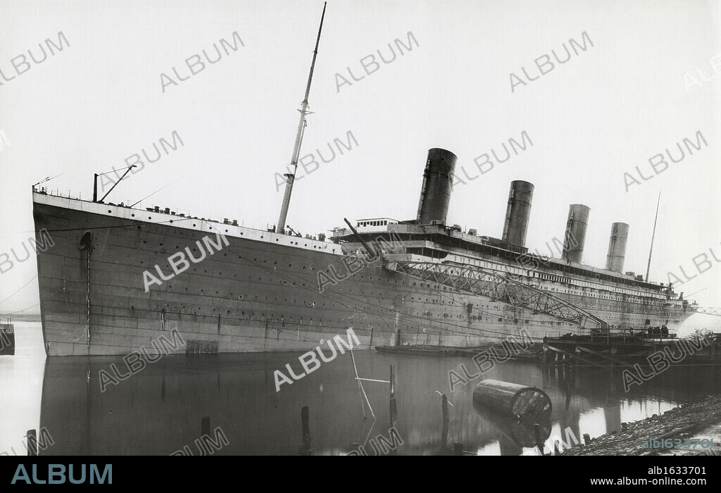RMS Titanic During Fitting Out. RMS Titanic During Fitting Out, 01/01/1912. White Liner, built by Harland & Wolff in Belfast, nearing completion. Titanic left Southampton and Cherbourg on her maiden voyage to New York on April 10th 1912. The steamship sank April 15th 1912 off the coast of New Foundland after striking an iceberg with the loss of 1,635 passengers and crew. (Photo by Titanic Images/Universal Images Group).