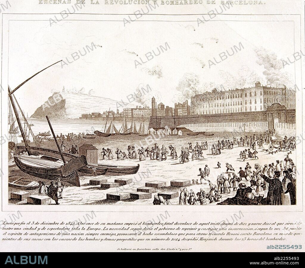 ESPARTERO, BALDOMERO. MILITAR Y POLITICO ESPA¿OL. GRANATULA DE CALATRAVA1793-1879. "BOMBARDEO DE BARCELONA EL 3-12-1842". DESDE MONTJUICH SE LANZAN 1014 PROYECTILES PARA SOFOCAR LA SUBLEVACION. GRABADO. IMPRENTA ROGER. BARCELONA 1843.