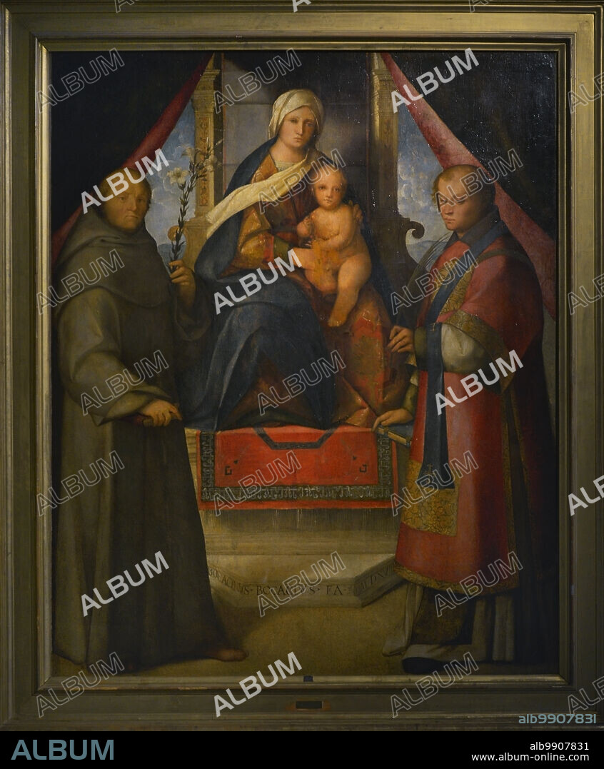 BOCCACCIO BOCCACCINO (C. 1466-1525). ITALIAN PAINTER.. Boccaccio Boccaccino (h. 1466-1525). Pintor italiano. La Virgen y el Niño entronizados entre San Vicente y San Antonio de Padua, 1518. Tempera (panel transferido a lienzo). Procede de la iglesia de San Vincenzo, Cremona. Museo Cívico Ala Ponzone. Cremona. Italia.