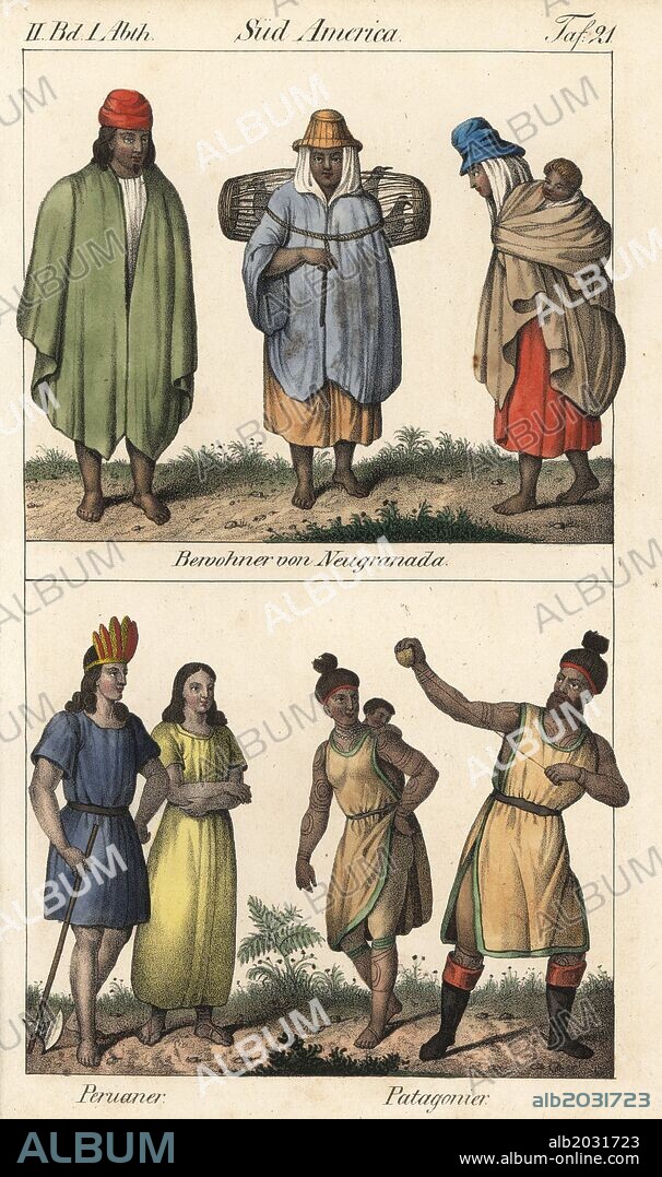 Natives of New Granada (Colombia, Ecuador, Panama and Venezuela) in long capes, Peruvian man with feather headdress and axe, and Patagonians in tunics and tattoos. Handcoloured lithograph from Friedrich Wilhelm Goedsche's "Vollstaendige Völkergallerie in getreuen Abbildungen" (Complete Gallery of Peoples in True Pictures), Meissen, circa 1835-1840. Goedsche (1785-1863) was a German writer, bookseller and publisher in Meissen. Many of the illustrations were adapted from Bertuch's "Bilderbuch fur Kinder" and others.