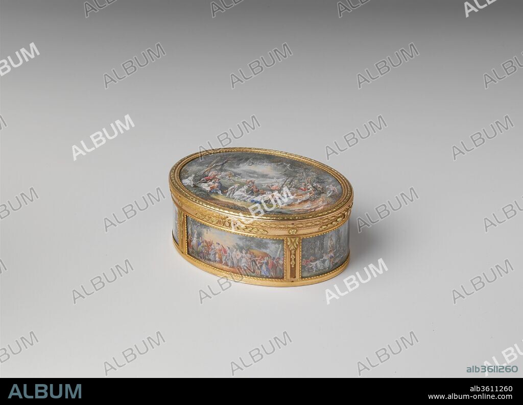 Snuffbox with six scenes of country pastimes. Artist: and Henri Joseph van Blarenberghe (French, Lille 1750-1826 Lille); Miniatures by Louis Nicolas van Blarenberghe (French, Lille 1716-1794 Fontainebleau). Culture: French, Paris. Dimensions: Overall (confirmed): 1 3/8 x 3 3/8 x 2 1/2 in. (3.5 x 8.5 x 6.4 cm); Miniaitures: Top, oval, 2 1/8 x 3 in. (53 x 74 mm); bottom, oval, 2 1/8 x 3 in. (53 x 74 mm); front 3/4 x 1 7/8 in. (21 x 48 mm); back 3/4 x 1 7/8 in. (21 x 48 mm); left side 3/4 x 1 7/8 in. (21 x 48 mm); right side 3/4 x 1 7/8 in. (21 x 48 mm). Maker: Box by Pierre François Drais (French, 1726-ca. 1788). Date: 1774-75.
There are six marks on the oval box, including the paris mark for 1774-75, and the mark of Pierre-François Drais, a master in 1763, working to 1788. The top shows a delicate fête champêtre, signed and dated (at the bottom) van Blarenberghe / 1744: attended by revelers, a peasant couple, a young man with a violin and a young woman gathering flowers in her overskirt, stand in a country landscape under overarching trees hung with garlands of flowers and caged birds. The composition is elegantly shaped to fit the field. The scenes around the sides of the box are An Archery Match, A Youth Spurting Water from a Fountain, A Round Dance, and Couples on a Seesaw.
This object has no recorded history prior to the death in 1914 of Pierpont Morgan, and since then, the vignette on the base has been described as a country fair near a château. It seems likely that the miniature represents The Fair at Bezons, which was painted by Pater and Lancret and had been the subject of the reception piece submitted in 1725 to the Académie Royale de Peinture et de Sculpture by François Octavien. In the foreground at the left, a happy crowd takes refreshment outside a victualler's tent. Behind this group, visitors arrive and depart in wagons, one horseback, and on foot along a diagonal path lined with booths, and still further back is a village with a church and several large buildings, and the wall and gate of an estate. At the right, a crier draws the interest of the passing crowd to an elaborate outdoor stage where Harlequin raises his bat and Pierrot engages the attentions of a lady.