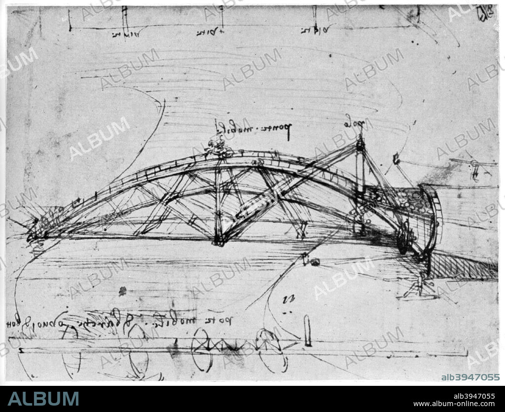 Design for a parabolic swing bridge, 1480-1490 (1954). One of Leonardo da Vinci's designs for lightweight, transportable bridges for military use. Codex Atlanticus, 312r-a. A print from Leonardo da Vinci by Ludwig H Heydenreich. (London, 1954).