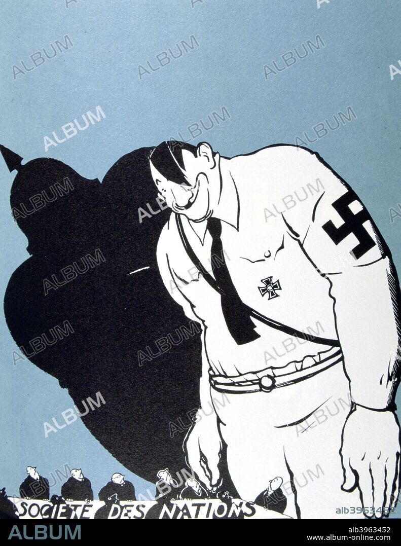 'Hitler and the League of Nations', 1935. A huge Hitler and the shadow of German militarism loom above the delegates at a meeting of the League of Nations. Hitler withdrew Germany from the organisation after he came to power in 1933. A cartoon in Le Témoin, 10 March 1935.