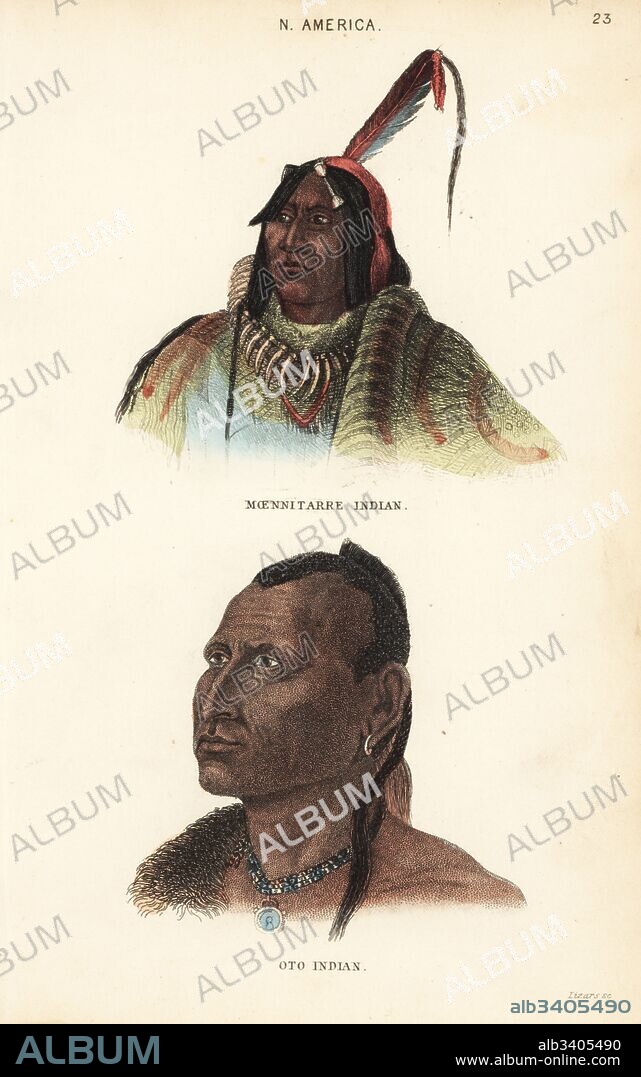Hidatsa warrior (Moennitarri) and Otoe chief. North American people: Moennitarre Indian and Oto Indian. After Karl Bodmer's portraits for Prince Alexander Philipp Maximilian of Neuwied. Handcoloured steel engraving by Lizars from Charles Hamilton Smith's Natural History of the Human Species, Edinburgh, W. H. Lizars, 1848.