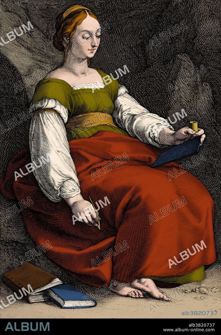 Engraving of Clio, Greek Muse of History, from a series entitled: The Nine Muses (plate 4) by Hendrik Goltzius, 1592. In Greek mythology, Clio or Kleio, is the Muse of history. She is often represented with a parchment scroll or a set of tablets and is also known as the Proclaimer. She is the daughter of Zeus and Mnemosyne. Her sisters include Calliope (muse of epic poetry), Melpomene (muse of tragedy, Euterpe (muse of music and lyrical poetry), Terpsichore (muse of dancing), Erato (muse of erotic poetry), Thalia (muse of comedy), Polyhymnia (muse of hymns), and Urania (muse of astronomy). This image has been color enhanced.