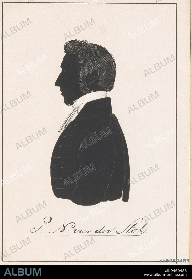 Beneath the portrait the signature of the person being portrayed, Silhouette portrait of Pieter Nicolaas van der Stok, print maker: Pieter Barbiers (IV), (possibly), print maker: Friedrich Heinrich Wilhelm Schröder, (rejected attribution), publisher: weduwe Pieter Barbiers (IV), print maker: Netherlands, publisher: Zwolle, 1848 - 1862, paper, h 153 mm - w 107 mm, h 292 mm - w 242 mm.