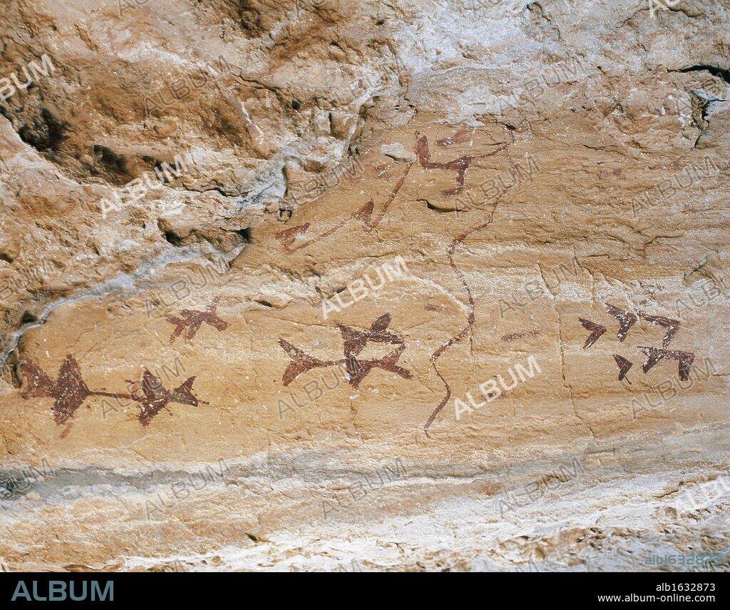 Prehistoric Art. Mesolithic. Levantine style. Schematic painting. Cave of Los Letreros. Velez Rubio. Andalusia. Spain.