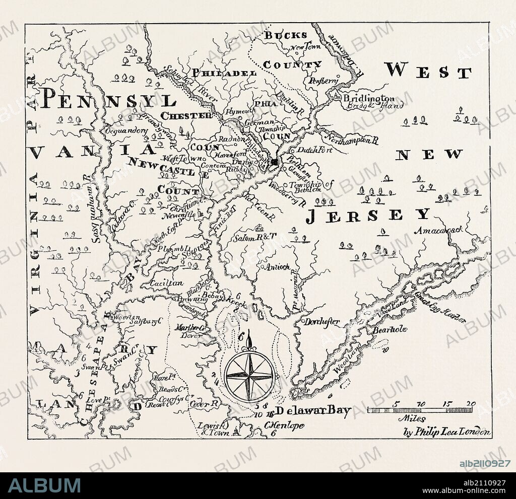 MAP OF PENNSYLVANIA AND WEST NEW JERSEY, From Thomas's History of Pennsylvania.UNITED STATES OF AMERICA, US, USA, 1870s engraving.