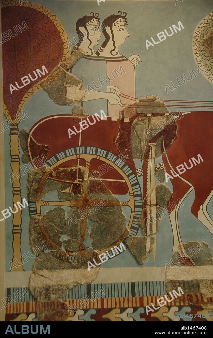 ARTE MICENICO. GRECIA. Fragmento de un fresco con la representación de DOS MUJERES EN UN CARRO, fechado entre los siglos XIV-XIII a. C. Procede del segundo palacio de Tirinto (región del Peloponeso). Museo Arqueológico Nacional. Atenas. Grecia.