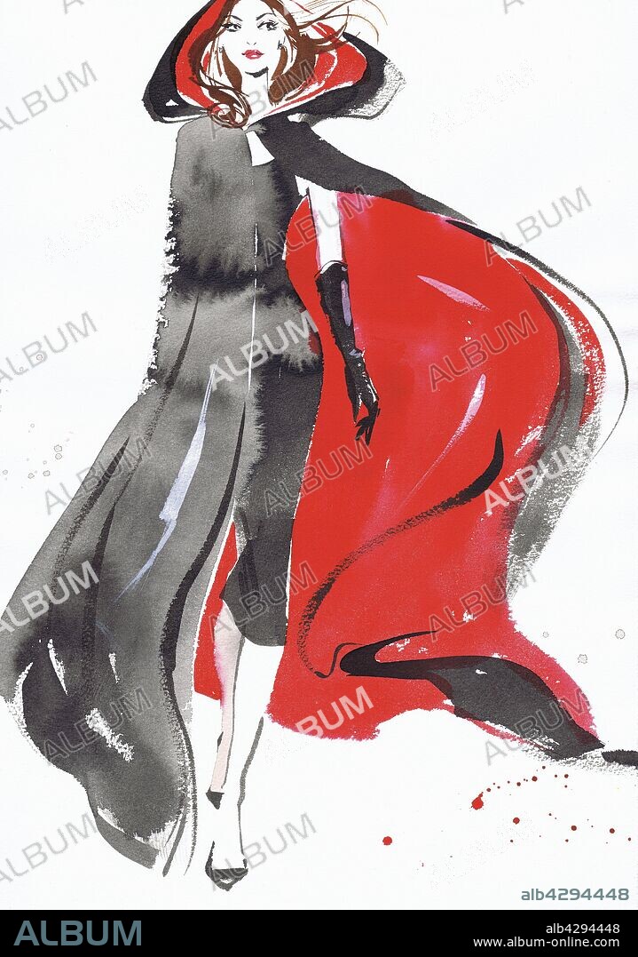 Fashion illustration of model wearing black dress and cloak.