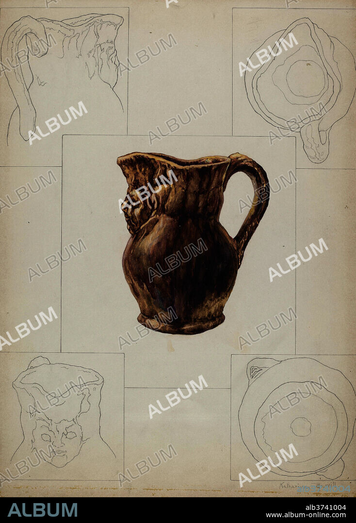 KATHARINE MERRILL. Toby Pottery Jug. Dated: c. 1938. Dimensions: overall: 34.9 x 25.1 cm (13 3/4 x 9 7/8 in.)  Original IAD Object: 4 3/4" High  4" Wide(top)3 1/4" Bowl  2 1/2" Base. Medium: watercolor, colored pencil, and graphite on paper.