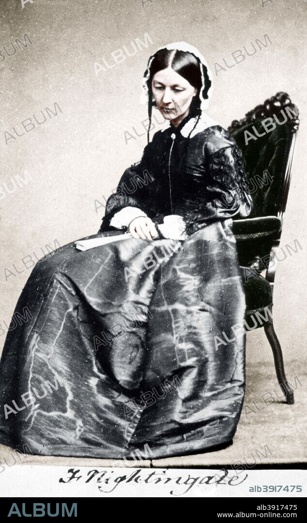 Florence Nightingale, English nurse and hospital reformer, 1854. Florence Nightingale made her reputation by her organisation of nursing service during the Crimean War. Thereafter she worked tirelessly to improve public health nursing at St Thomas's Hospital in London. (Colorised photograph).