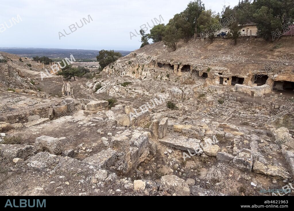 ETHEL DAVIES. The ancient Greco/Roman necropolis, or burial site, carved into the hill at the UNESCO Heritage Site of Cyrene, Libya, Oct 2007.