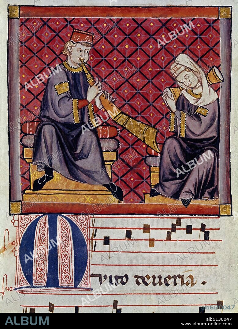 ALFONSO X DE CASTILLA EL SABIO. M.B.I.2-CANTIGA SANTA MARIA- Nº 300-F368V-CODICE DE LOS MUSICOS-ALBOGON Y TAMBORETE S XIII.