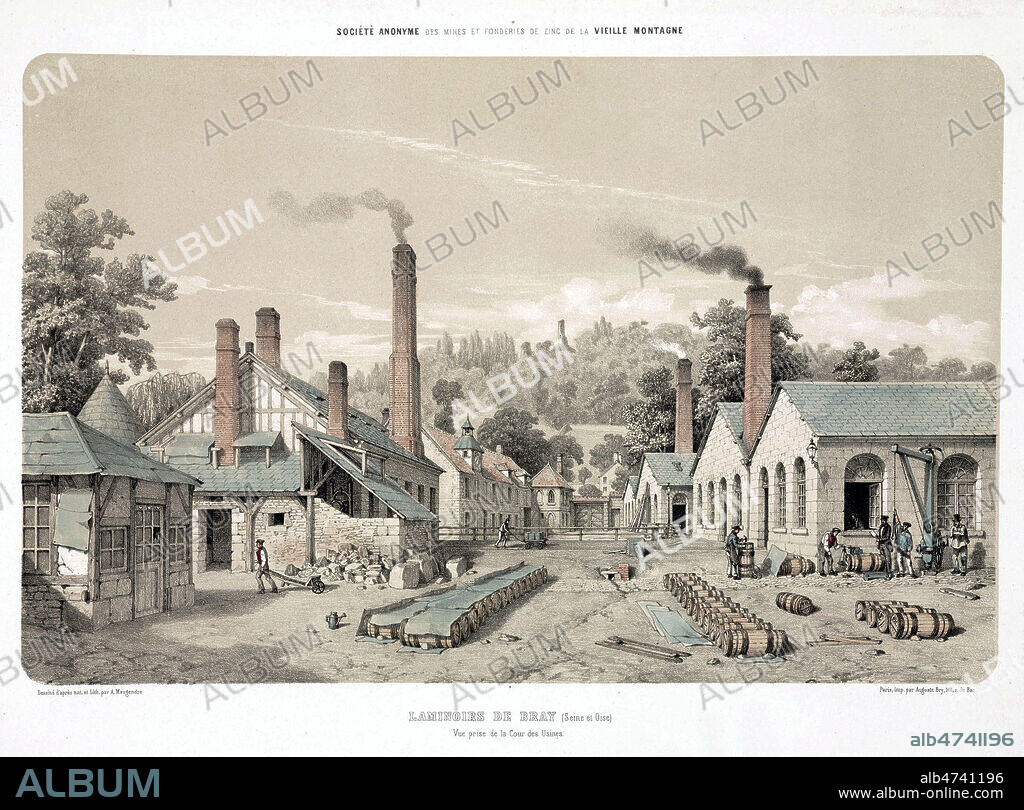 Ouvriers au travail : Manufacture ou usine , mine et fonderie de ZINC, metallurgie, Laminoir de Saint-Louis-pres-Bray en Seine-et-Oise, France. Lithographie par A. Maugendre. Societe anonyme des mines et fonderies de zinc de la vieile montagne. Zinc rolling-mills a Bray, France, 1855. Credit : Collection SSPL/KHARBINE-TAPABOR.