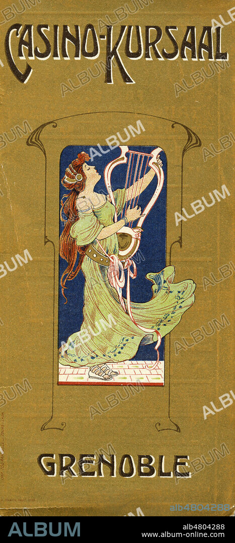 Programme du casino Kursaal a Grenoble, vers 1900. Illustration anonyme representant une femme jouant de la lyre. Credit : Collection IM/KHARBINE-TAPABOR.