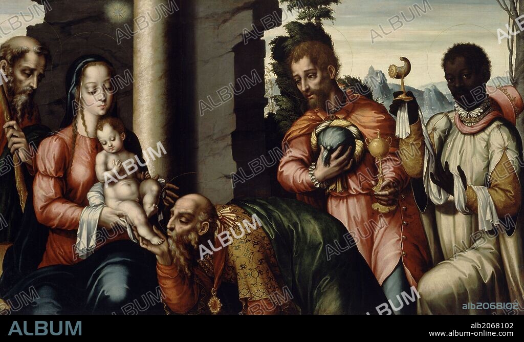 Luis de Morales / 'Adoración de los Reyes Magos', 1570-1575, Escuela Española, Óleo sobre Tabla, 98,9 cm x 166,6 cm, P07622.