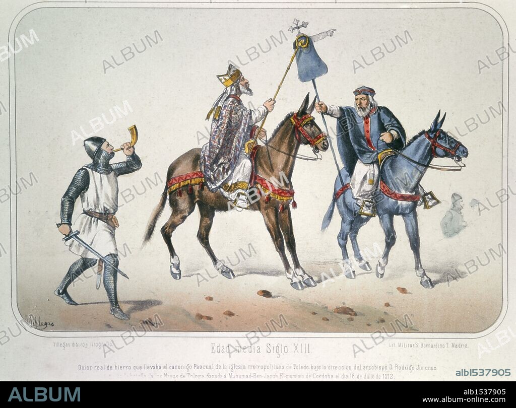 Edad Media. Guión Real de hierro, llevado en la batalla de las Navas de Tolosa el 16 de julio de 1212. Dibujo de Villegas. Lámina número 17 del ALBUM DE LA INFANTERIA ESPAÑOLA del Teniente General Conde de Clonard. Litografía Militar, Madrid, año 1861.