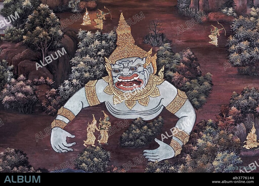 Demon King Thotsakan, figure from the Thai national epic Ramakia, wall painting in Wat Phra Kaeo, Ko Ratanakosin, Bangkok, Thailand, Asia.