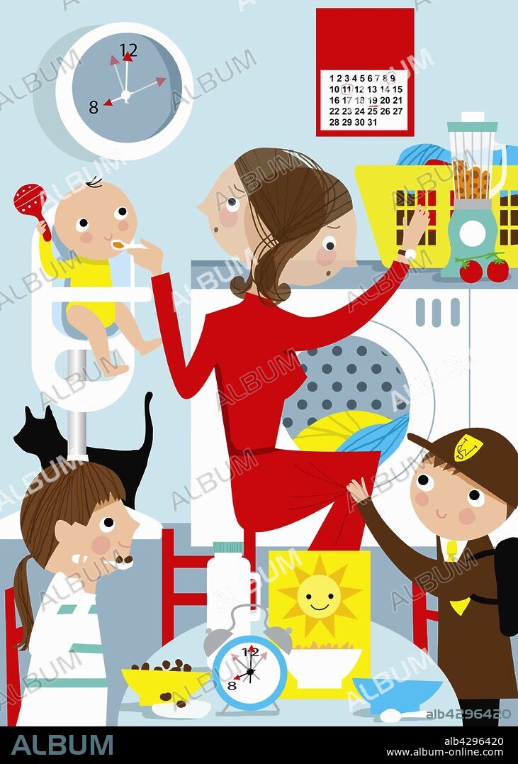 Mother busy multitasking with children in kitchen at breakfast time.