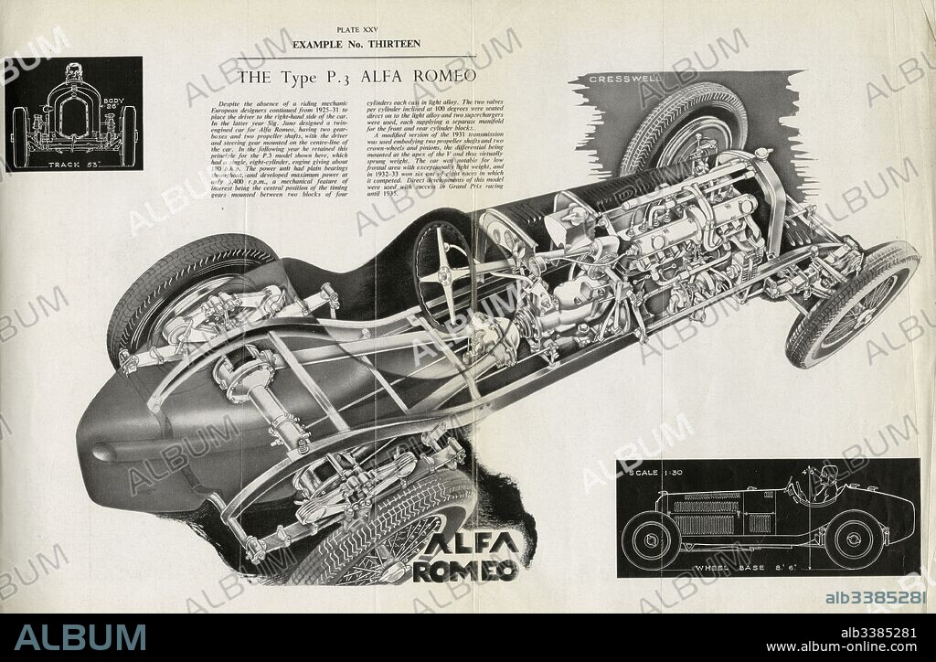 The Type P3 Alfa Romeo, drawing with a cut out section showing the engine.