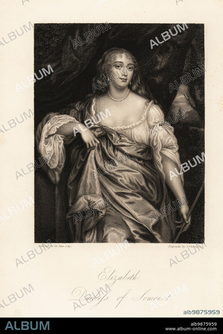 Portrait of Lady Elizabeth Seymour, Duchess of Somerset, formerly Elizabeth Percy, heiress and friend to Queen Anne, 1667-1722. Steel engraving by J. Thomson after a portrait by Sir Peter Lely from Mrs Anna Jamesons Memoirs of the Beauties of the Court of King Charles the Second, Henry Coburn, London, 1838.