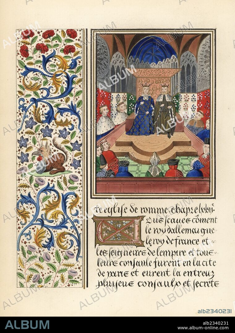 Conference between King Charles V of France and Charles IV of Bohemia, Holy Roman Emperor, in Paris, 1378. They meet in state among pomp and ceremony, seated on thrones among tapestries, wearing crowns and ermine robes. Illuminated panel with carnations, foliage and mythical beast. Handcoloured lithograph after an illuminated manuscript from Sir John Froissart's "Chronicles of England, France, Spain and the Adjoining Countries, from the Latter Part of the Reign of Edward II to the Coronation of Henry IV," George Routledge, London, 1868.