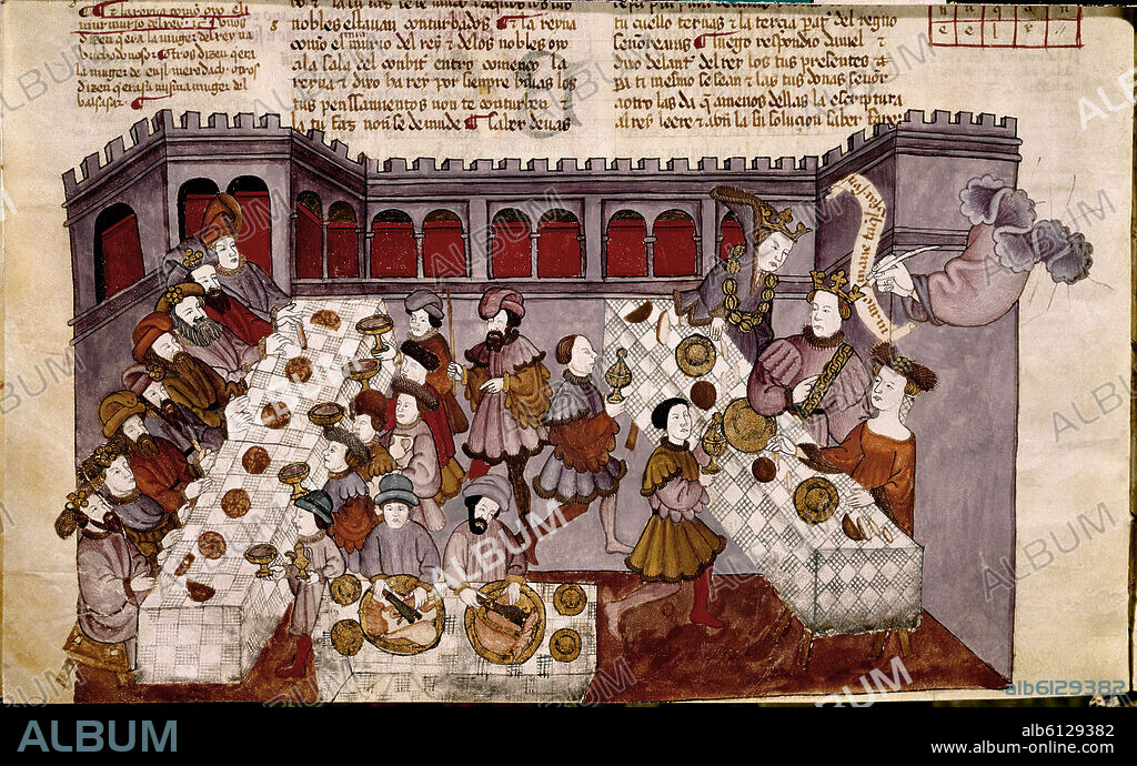 Alba Bible. Balthazar's feast. 15th century miniature. Madrid, Collection of the dukes of Alba.