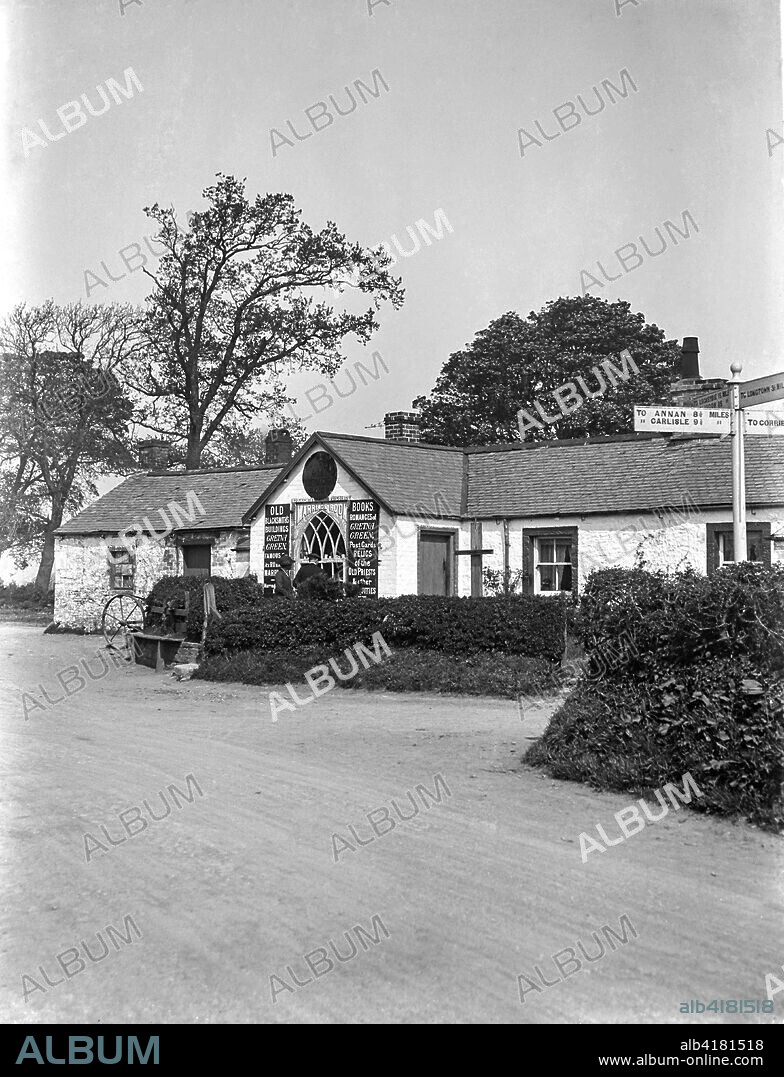 Glass Negative circa 1900.Victorian.Social History. The Famous Blacksmiths Shop, situated at the heart of Gretna Green village, is the world-famous, historic home of the anvil wedding and has been at the centre of runaway love, since the Marriage Act of 1754. Built, in 1713 - as a traditional Blacksmith's Shop which it continued to be for over 100 years more.