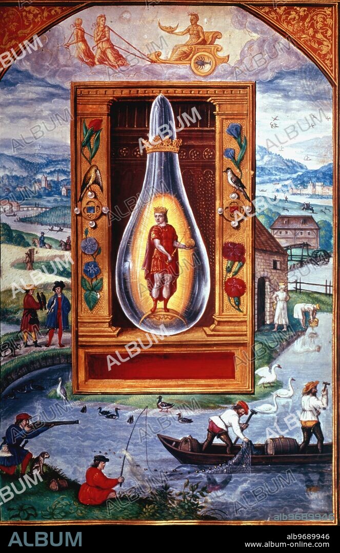 Alchemy - Splendour Solis by Salomon Trismosin 1582 or 89 -. King in a blue flask, hunting, shooting, fishing scene from Tractatus Alchymicae Germanick Splendor Solis 1582 or 89. ©TopFoto.