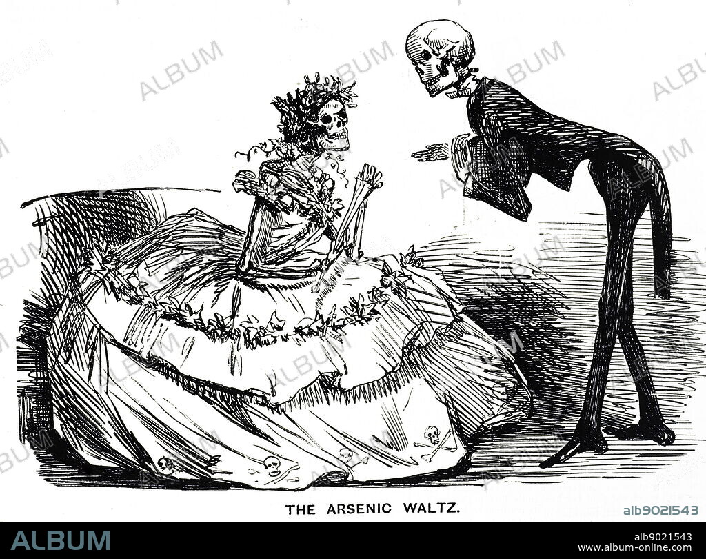 Cartoon titled "The Arsenic Waltz" which comments on the deadly use of arsenic in fashion and beauty products. Dated 19th century.
