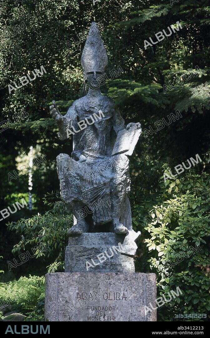Abbot Oliba (c. 971-1046). Count of Berga and Ripoll and abbot of monasteries of St. Maria de Ripoll and St. Miquel de Cuixa. Bisphop of Vic. Statue sculpted by Manuel Cusachs (b. Mataro, 1933) in 1992. Montserrat monastery. Province of Barcelona, Catalonia, Spain.