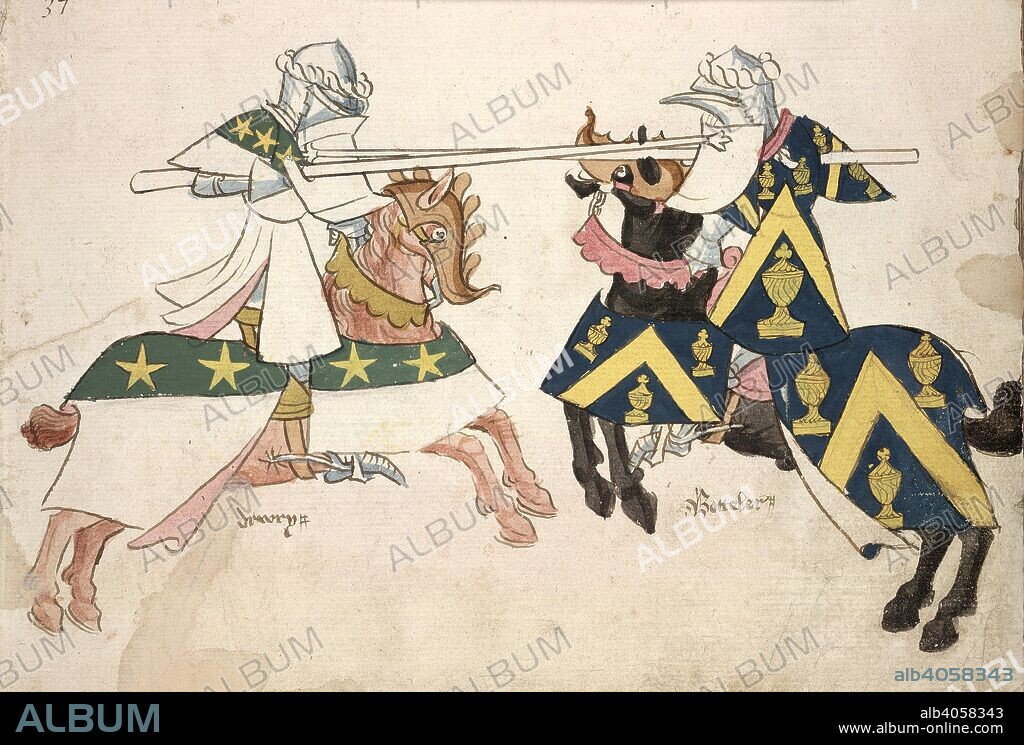 Two knights jousting. 'Sir Thomas Holme's Book of Arms' (ff.9-40v is Military Roll of Arms). England, Probably London, c.1445-1524. [Detail] Two mounted knights, in armour and tabards, jousting with lances  Image taken from Sir Thomas Holme's Book of Arms.  Originally published/produced in England; before 1448. . Source: Harley 4205, f.24.