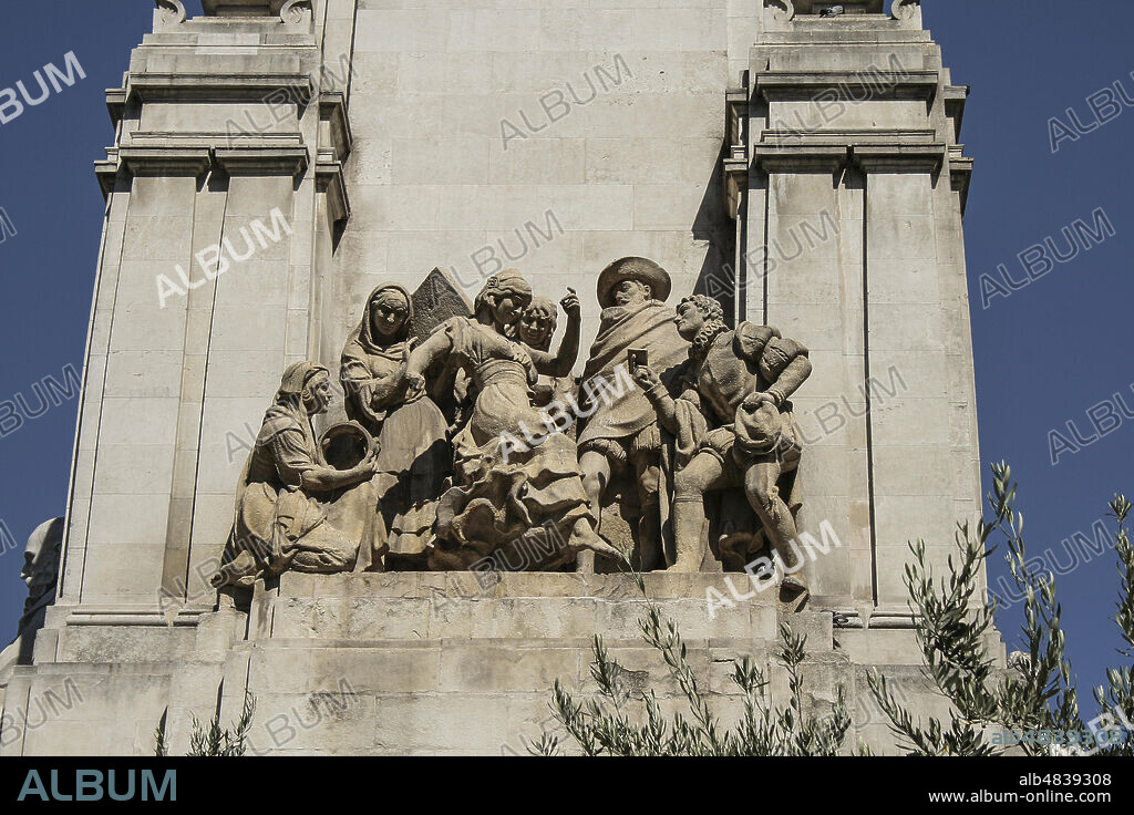 Madrid, Comunidad de Madrid, Spain, Europe.. Plaza de España: Monument to Miguel de Cervantes, The Gitanilla in the monument to Miguel de Cervantes (The Little Gypsy Girl), made by Lorenzo Coullaut Valera.
