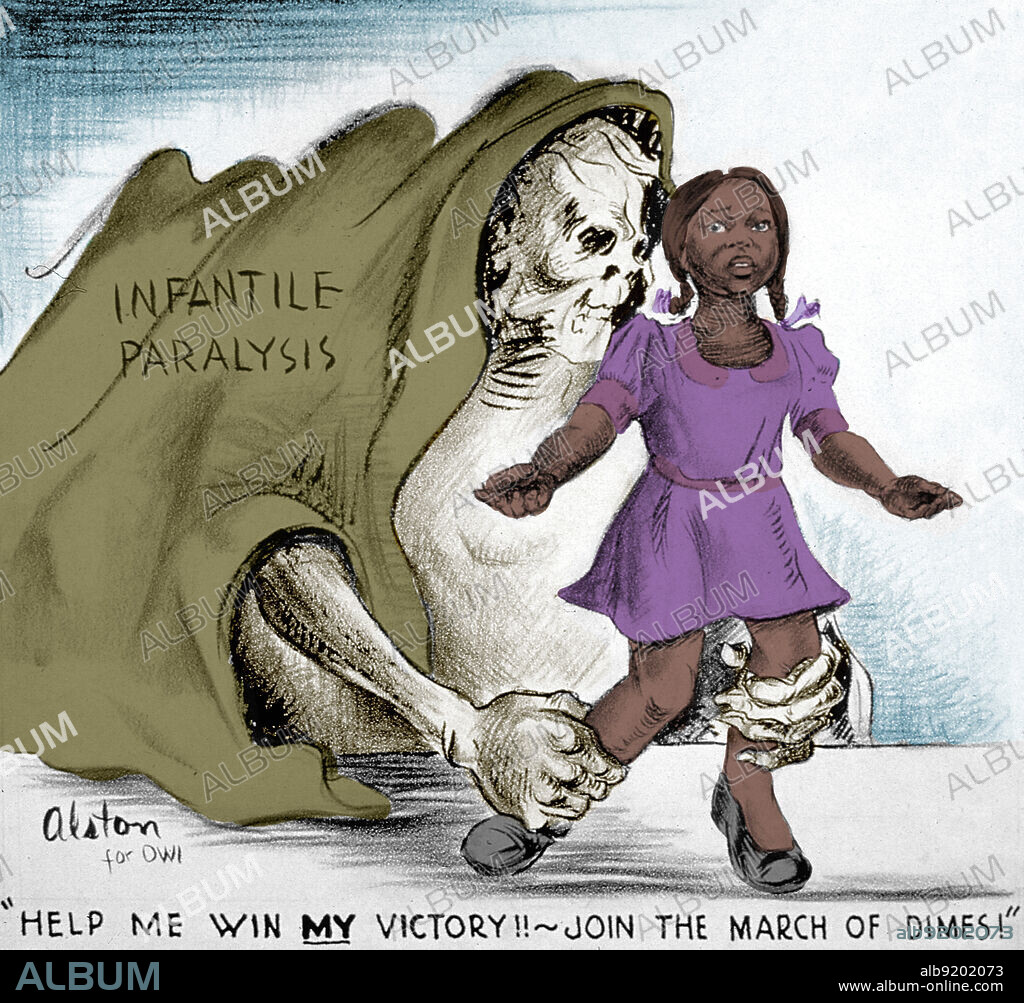"Help me win MY victory -- Join the March of Dimes!" Illustration showing a child suffering from infantile paralysis due to polio. The disease of poliomyelitis was often called infantile paralysis because of its propensity to affect children. March of Dimes, a nonprofit organization, was founded by FDR in 1938 to fight polio. Poster by Charles Henry Alston created during World War II in support of polio research, 1943. Colorized.