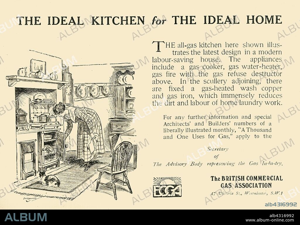 'The Ideal Kitchen for the Ideal Home - The British Commercial Gas Association', 1920. The Roaring Twenties were a period of economic prosperity when assembly line production and easy credit made it possible for ordinary people to purchase many new consumer goods. From "The Ideal Home - April 1920". [London, 1920].