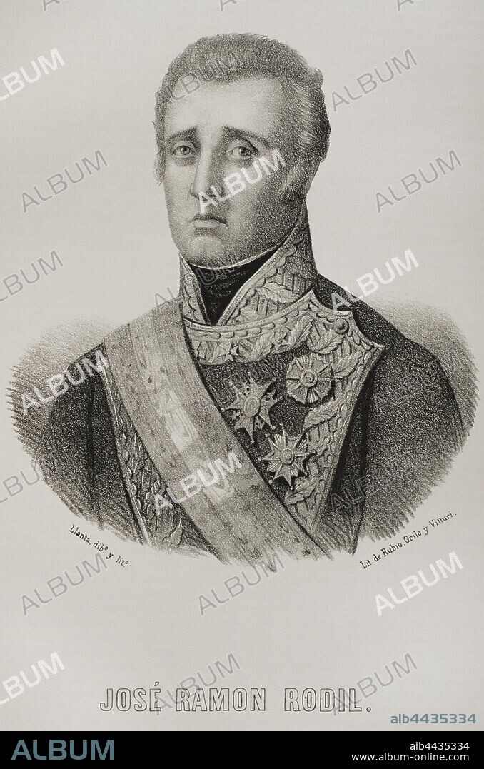 José Ramón Rodil y Campillo (1789-1853). Militar español. Dibujo por Llanta. Litografía. Crónica General de España, Historia Ilustrada y Descriptiva de sus Provincias. Galicia,1866. Biblioteca Histórico Militar de Barcelona, Cataluña, España.