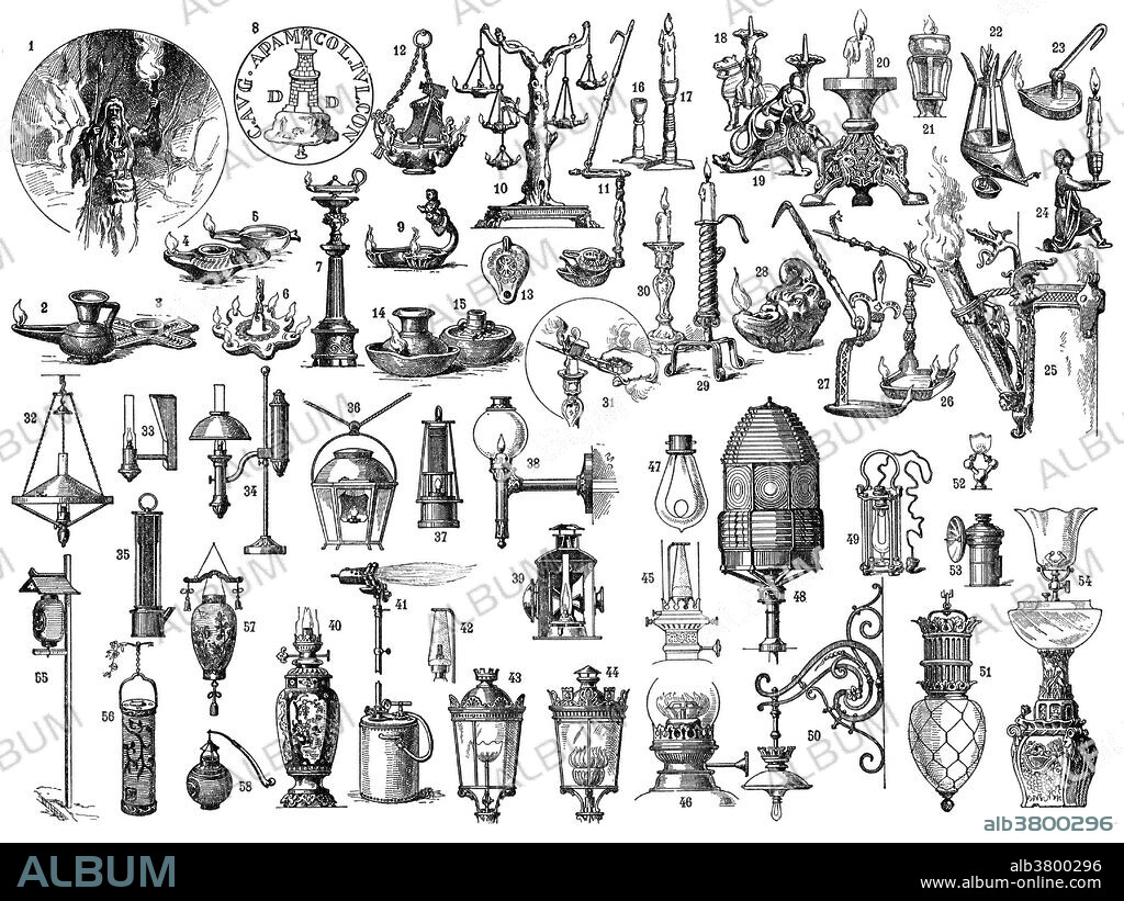 Lighting through the ages. 1. Prehistory. 2-3. Egyptian 4-5. Assyrian 6-13. Roman 14-15. Carthaginian 16-17. Merovingian period 19-20. 11th century 21. 12th century 22. 13th century 23-24. 14th century 25-27. 15th century 28. 16th century 29. 17th century 30-31. 18th century 32. (original) Argand lamp. 33-34. (Quinquet's improved) Argand lamp 35. Stephenson (Geordie) lamp (mines) 36. Street light 37. Davy lamp 38. Air-fed wick lamp 39. Railway lamp 40. Carcel lamp 41. Gasifier 42. Auer (gas) lamp with gas mantle 43. Gas street lighting 44. Gas street lighting (high intensity burner) 45. Auer (petrol) lamp 46. (Air-fed) petrol lamp 47. Incandescent (electricity) 48. Lighthouse 49. Mine lamp 50. Incandescent (electricity) 51. Arc light 52. Acetylene lamp (burner) 53. Acetylene lamp (bycicle) 54. Acetylene lamp Japan 55. Street light 56. Transportation (rickshaw) 57. Lantern for funerals 58. Portable lantern.