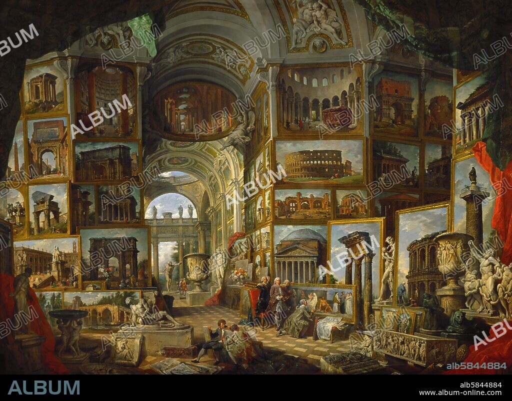 GIOVANNI PAOLO PANNINI. Galerie de vues de la Rome antique, painted 1756-57 for the Duc de Choiseul, unites image of Rome's most famous antique buildings and marks the beginning of the neo-classical style. R. F. 3315.