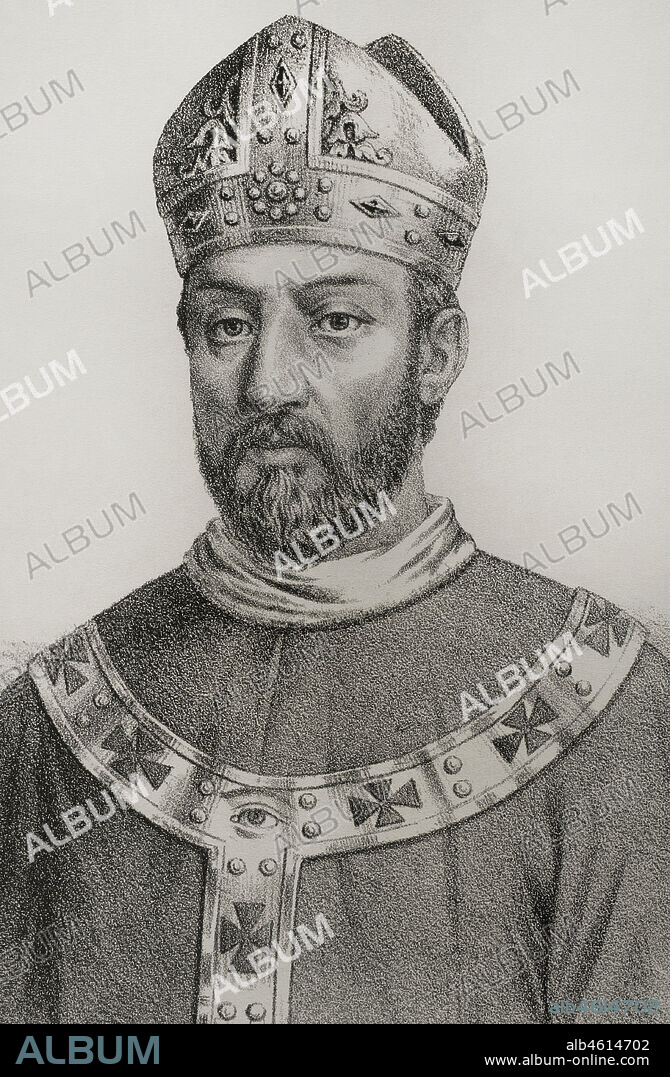 Severus of Menorca. Bishop of the island of Menorca in the early 5th century. Portrait. Lithography. Detail. Crónica General de España, Historia Ilustrada y Descriptiva de sus Provincias (General Chronicle of Spain, Illustrated and Descriptive History of its Provinces), Balearics, 1871.
