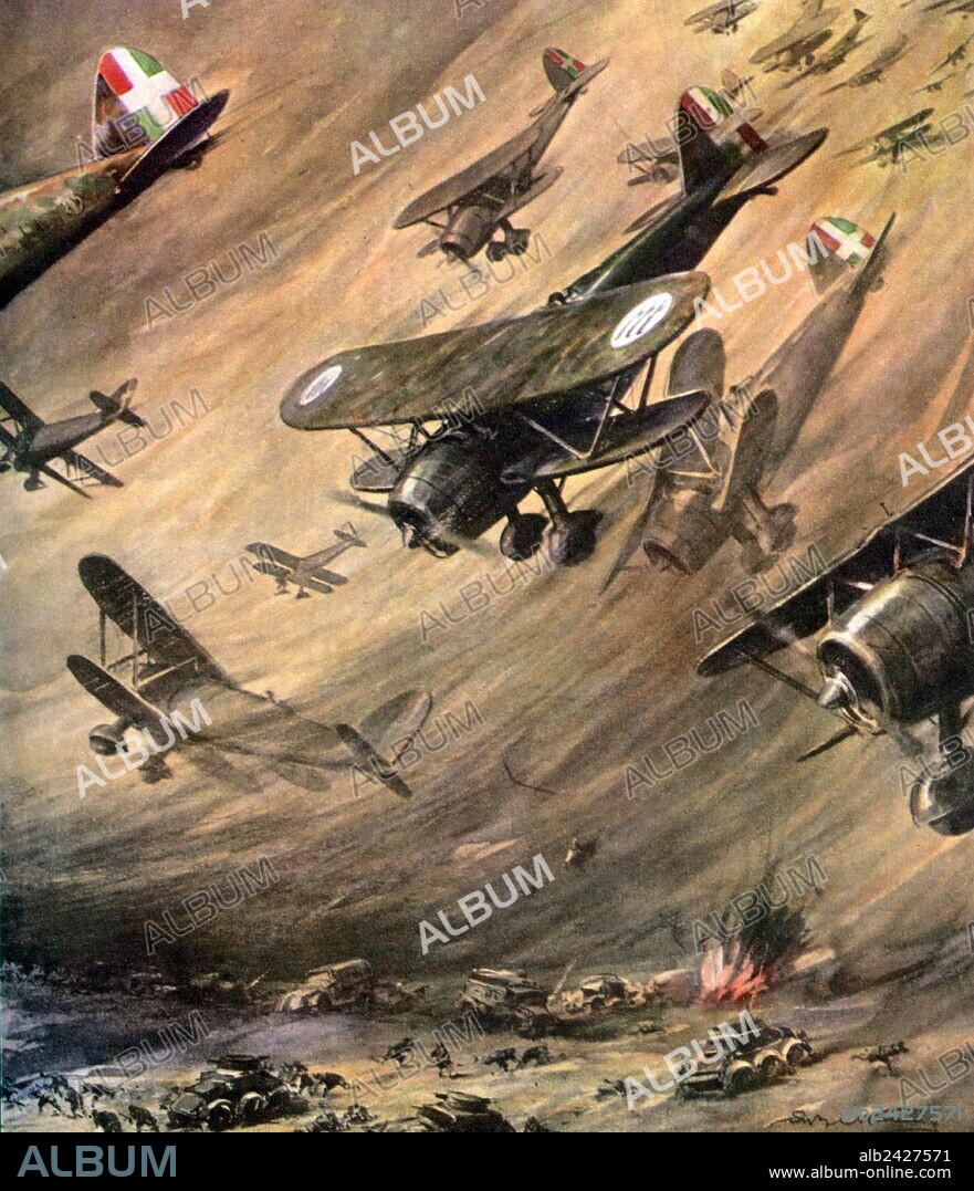 WWII-1940 1941-North African Campaign-Wonders of Italian aviation in Marmarica. Defying the sandstorm that transforms the atmosphere in hell, thirty our planes swoop in on mass and disrupt enemy columns paralyzing the ground. The 5th Squad airline that has participated in these operations has earned the praise of the Duce, from La Domenica del Corriere del December 29, 1940. The Fiat CR.42 Falco (Falcon) was a single-seat sesquiplane fighter which served primarily in Italy's Regia Aeronautica before and during World War II.