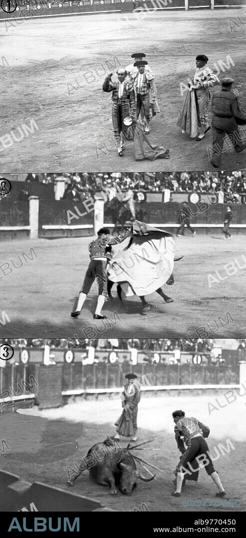 27 mayo 1917. De la corrida de ayer en Madrid. 1.-el gallo Recibiendo una ovación por su faena en el segundo Toro. 2.-Martín Vázquez Rematando un Quite, y 3, Martín Vázquez, Viendo doblar al quinto Toro.