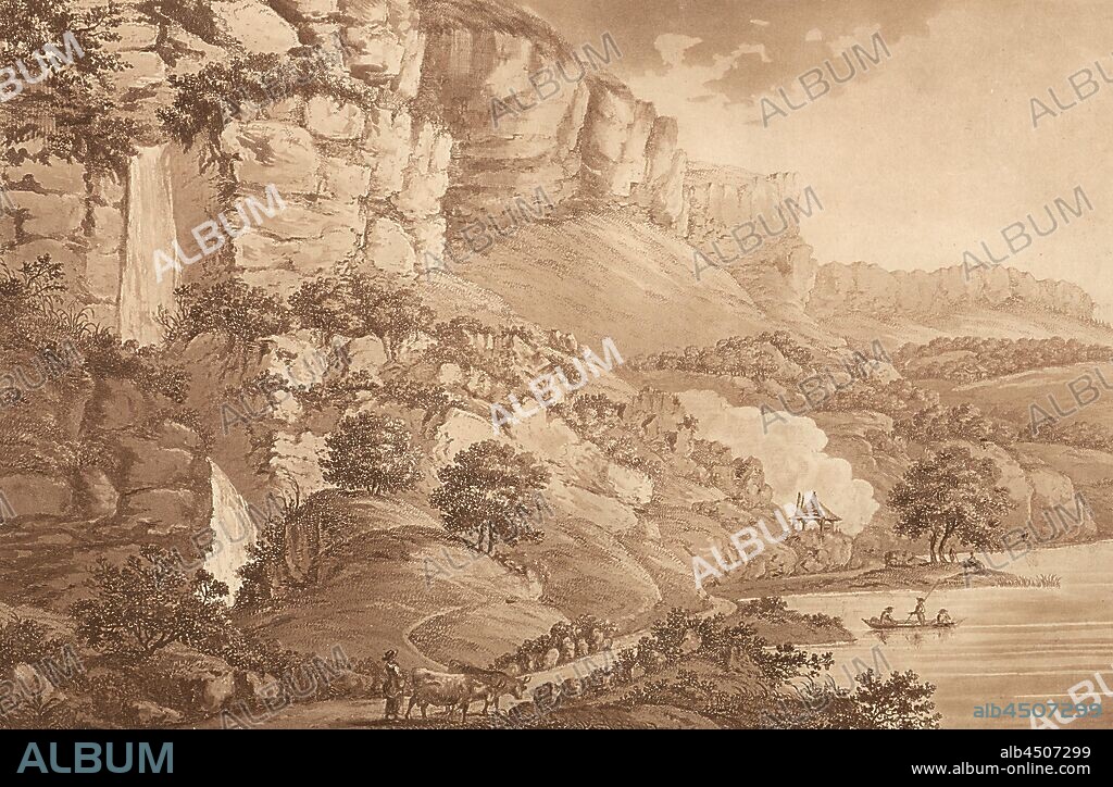Cascade and lake of Nantua, Landscape with waterfall at the lake of Nantua, Signed: A. B, no. 5, according to p. 16, Beaumont, Albanis, 1800, Albanis Beaumont: Travels from France to Italy, through the Lepontine Alps; or, an itinerary of the road from Lyons to Turin, by the way of the Pays-de-Veaud, the Valais, and across the Monts Great St. Bernhard, Simplon, and St. Gotthard. With topographical and historical descriptions (...).London: William Nicholson for G.G. and J. Robinson, and W. Baynes, 1806.