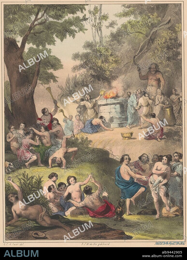 A fire burns on an altar in the forest. Around it figures including a deity with a sickle, possibly the deity Baäl. In the foreground naked women, Adoration of the Baal of Peor Festivities of Baal Peor., print maker: Carel Christiaan Antony Last, (mentioned on object), Carel Christiaan Antony Last, (mentioned on object), P.W.J. de Vos, (mentioned on object), Amsterdam, 1818 - 1876, paper, h 288 mm × w 220 mm.